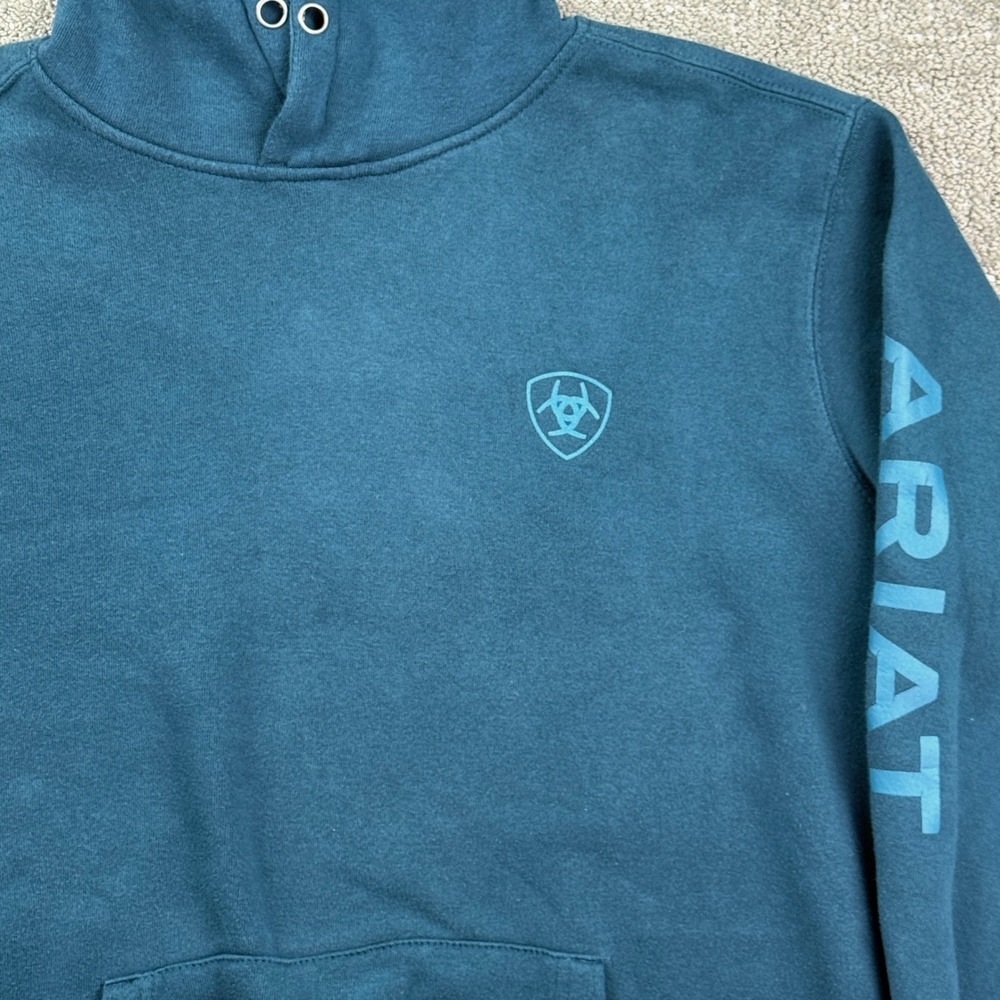 Ariat Hoodie Mens XL Teal Blue Logo Sleeve Pullover Sweatshirt Western